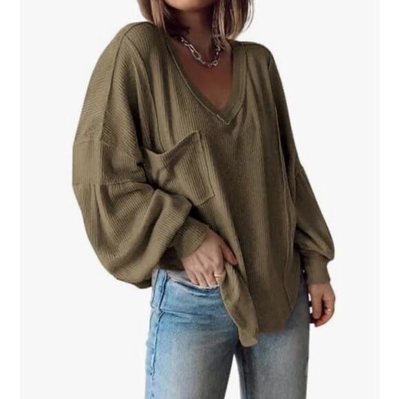 BTFBM Women Casual Long Sleeve V Neck Blouses Loose Fit Side Split Sz L New - Picture 1 of 7